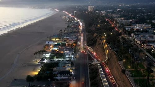 Aerial evening time lapse of the Pacific Coast Highway in Santa Monica, CA USA