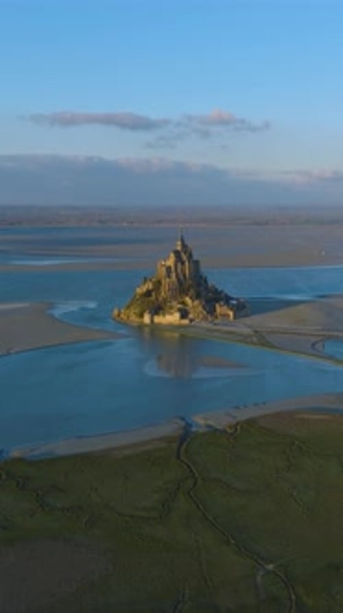 Aerial View of the World Famous Mont Saint Michel Cathedral in Normandy One of France's Most Visited