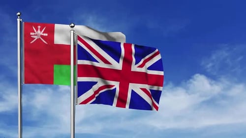 Oman and United Kingdom Flags Waving in Realistic Animation