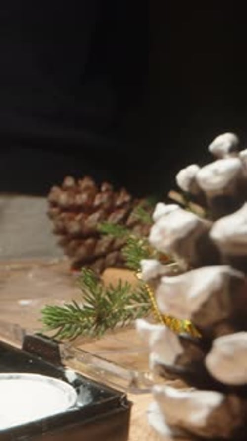 Vertical video. The master makes Christmas decorations, dips a brush in white paint and paints cones