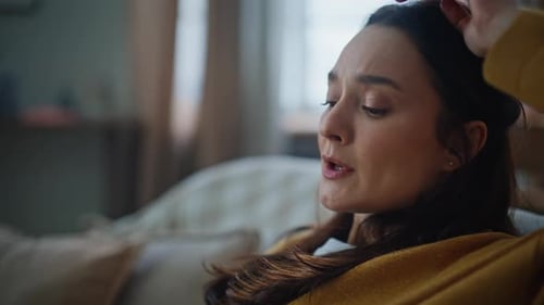 Sad Lady Checking Mobile Phone Notification Sitting Living Room Couch Closeup