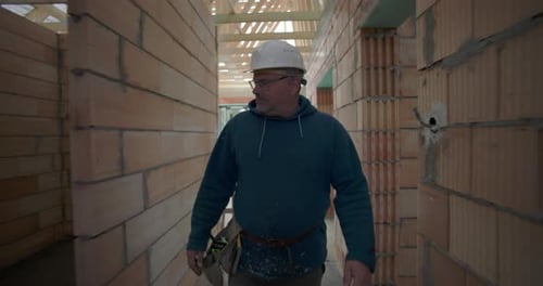 Male worker walking through construction site hallway, inspecting the place, wearing safety helmet