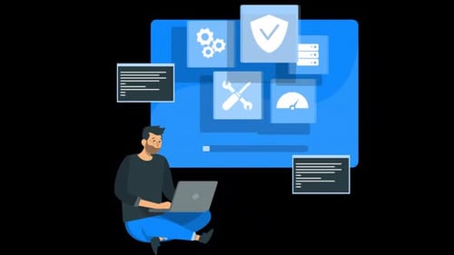 Programmer man writes program to protect laptop from viruses. There is a computer screen Alpha