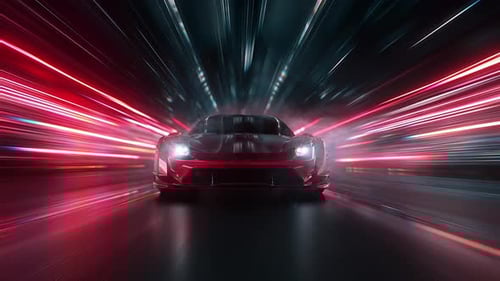 Sleek red sports car racing at high speed on neon highway. Power acceleration on a night track