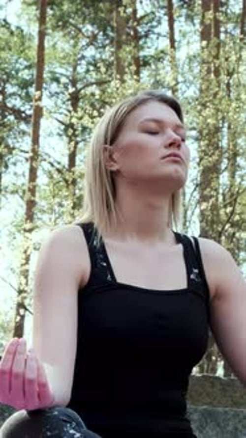 Happy Woman Deeply Connected with Nature Feels Unity and Meditating in Forest Outdoors Concept Blond