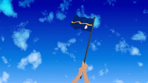 Animated Nauru Flag Waving in Blue Sky With Hands