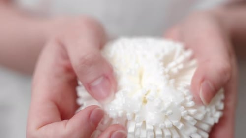 Woman apply shampoo and white bath sponge before shower, close up