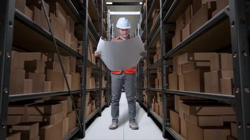 Asian Male Engineer Looking At Blueprint And Looking Around In The Warehouse