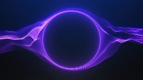 Violette Teilchenwellenkugel mit glühendem Energiefeld und fließender Lichtbewegung
