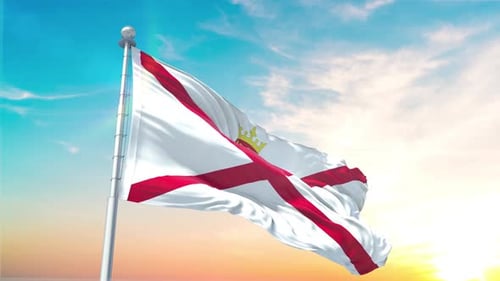 Realistic Waving Flag of Jersey Against Sunset Sky