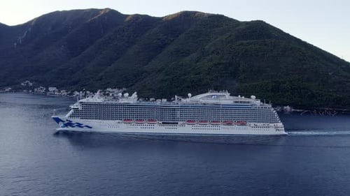 Aerial view of Kotor Bay with cruise ship, sea, mountain, Montenegro.