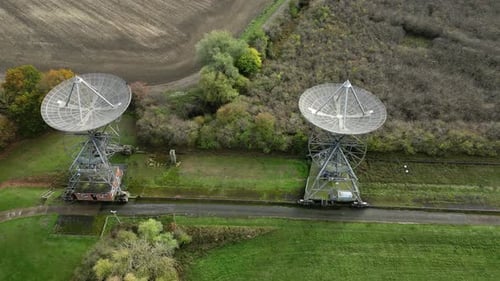 Aerial View of Radio Telescope Satellite Dishes