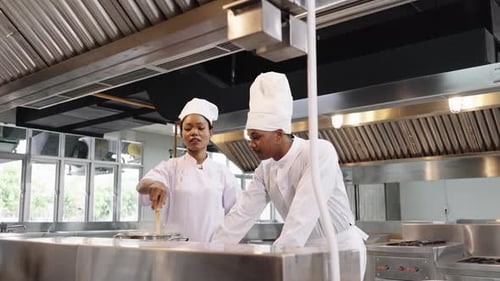 Professional chefs collaborating in kitchen