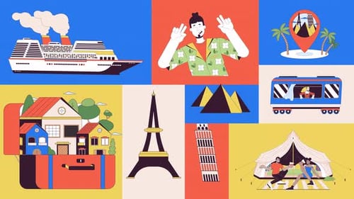 Turistas, atração, viajantes, animação em grade de bento