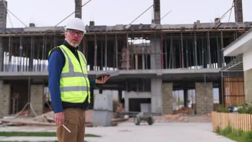Construction worker gives orders looking at the camera, holding digital tablet with pen