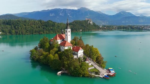 Lake Bled Island & Bled Castle — Aerial Pullback