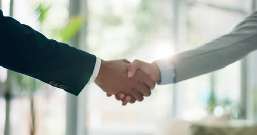 Office, corporate and business people with handshake for meeting, collaboration and welcome