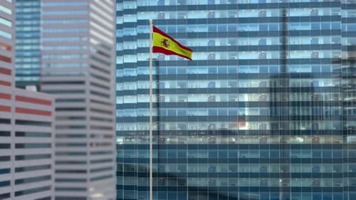 Spain Flag 3D Render Animation Waving Against Glass Office Building – Daylight Scene