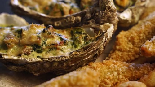 Close-up of Creamy Oysters and Crispy Fried Food
