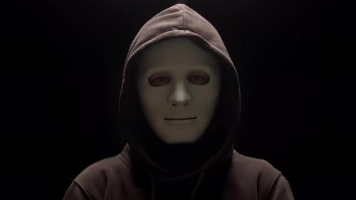 Porträt eines anonymen Hackers mit Maske und Hoodie.