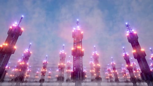 Modern 6G Telecommunication Tower with Glowing Network Signals Against Blue Sky Showcasing Advanced