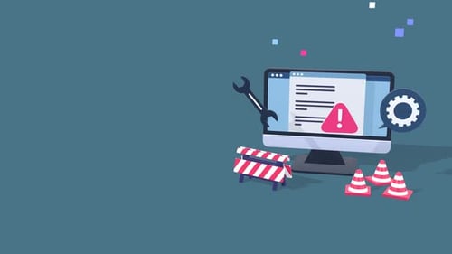 Escena animada de mantenimiento del sitio web con señales de advertencia y mensajes de error. Con espacio de copia para texto.