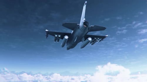 3D Fighter Jet Ascending Through Blue Sky