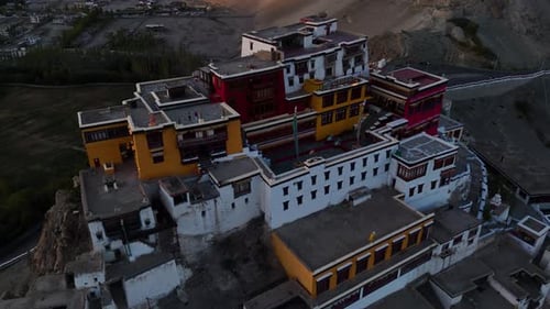 Aerial drone shot of thikshey monastery captured during sunset in ladakh