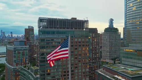 NYC Near USA Flag New York City Skyline with Manhattan Skyscrapers and USA Flag New York City Aerial