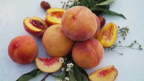 Still Life of Ripe Peaches and nectarineHealthy Harvest From Home Rustic Garden