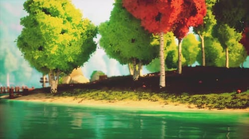 Colorful Cartoon Forest at Sunset