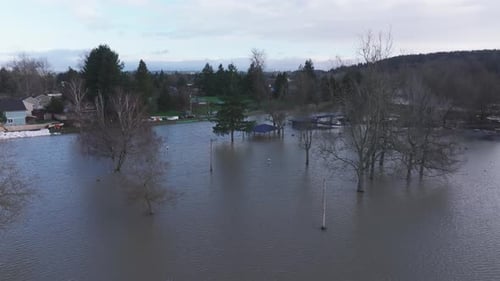 Trees, Light Poles, And Nearby Homes Submerged In Floodwaters On White River Floodplain In Pacific,