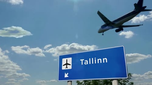 Airplane landing at Tallinn Estonia airport