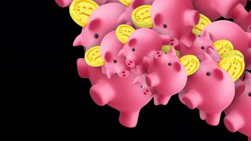 Falling Pink Piggy Banks and Bitcoin Coins Animation
