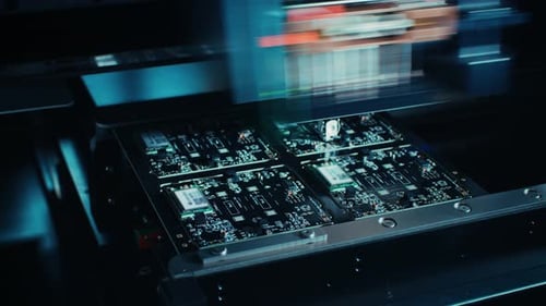 Factory Machine at Work: Electronic PCB Being Assembled with Automated CNC Robotic Arm, SMT Connect