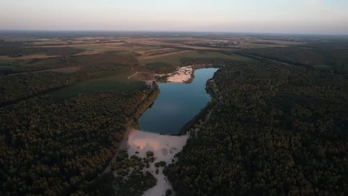 Stunning Aerial View of a Blue Lake with a White Beach Surrounded By Coniferous Forest and with