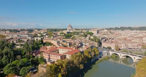 Aerial View of the Urban Cityscape with the Tiber River in Rome Italy