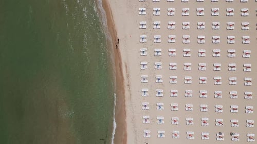 A Sandy Beach Stretches Along the Seaside Adorned with Empty Sun Loungers Aerial View