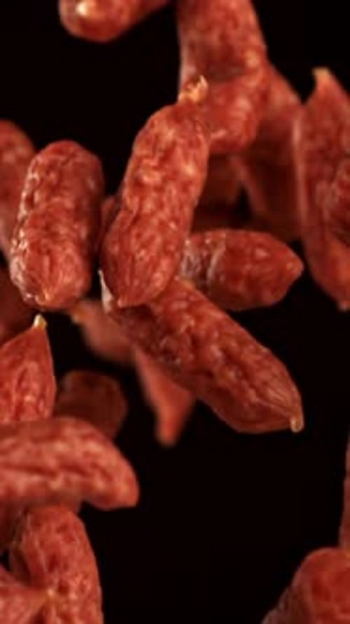 Mini Salami Fly and Fall on a Black Background Filmed on a Highspeed Camera at 1000 Fps