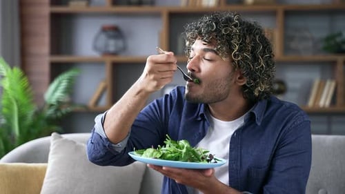 Young adult handsome man eating green salad from a plate while sitting on the sofa in the living