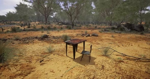Desolate Setting with a Lone Desk and Chair Beneath an Expansive Sky