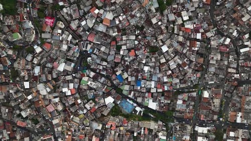 Aerial top down shot above ghetto homes in Comuna 13, Medellín, Colombia