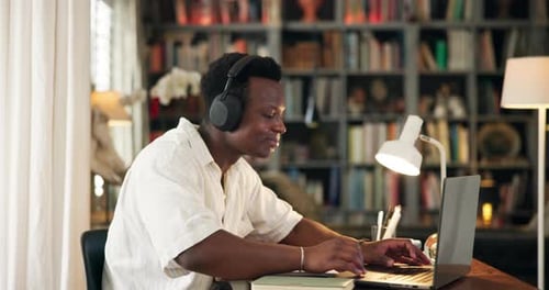 University, library and student with headphones on laptop for online learning