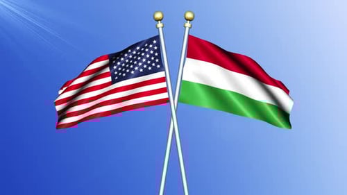 USA and Hungary National Flags Waving Against Blue Sky