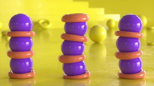 Colorful 3D Spheres and Rings Falling and Bouncing Abstract Animation