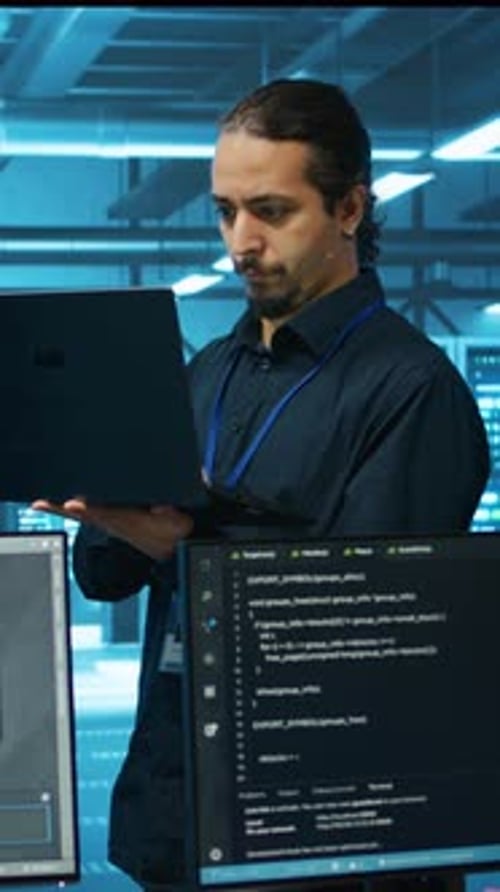 Vertical Video Technician in Data Center Inspecting Rackmounts Doing Routine Disk Checks