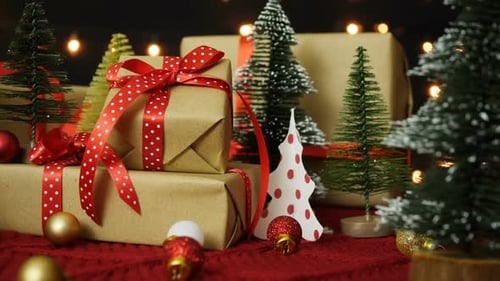 Festive Christmas Presents and Decorations on Blanket