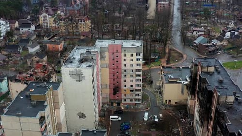 Aerial view of the destroyed and burnt houses.