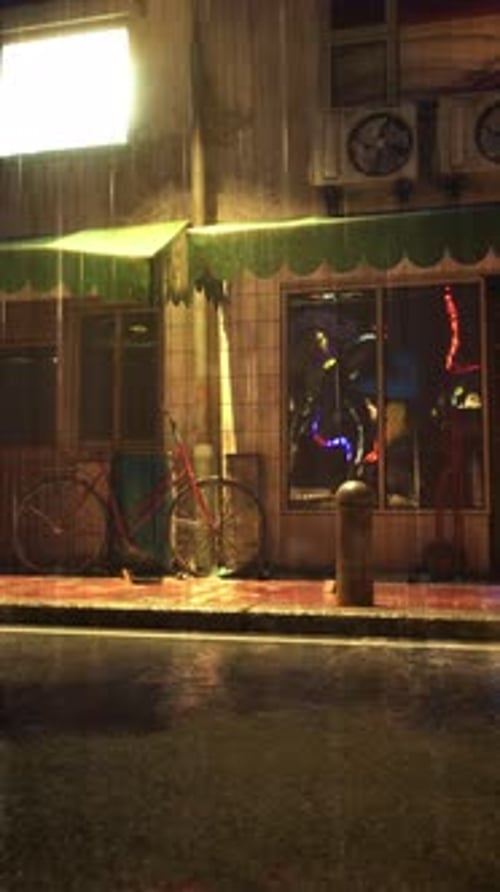 Bicycle Parked Outside Building at Night