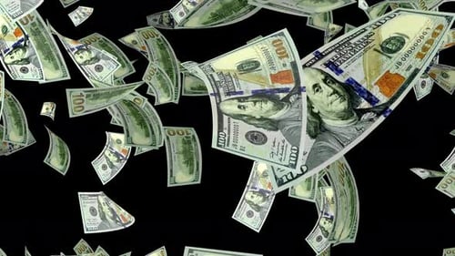 Money rain. One hundred USD paper money banknotes falling down